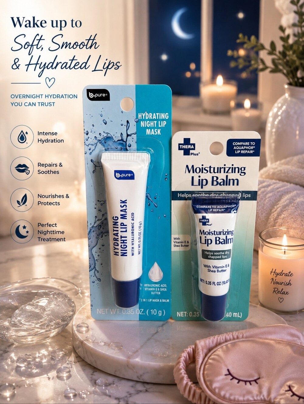 HYDRATING NIGHT LIP MASK & MOISTURING LIP BALM DUO BY B. PURE 2-PCS
